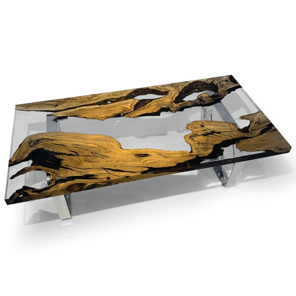 Ombrone Olive Wood Coffee Table with a rectangular resin river and natural wood border