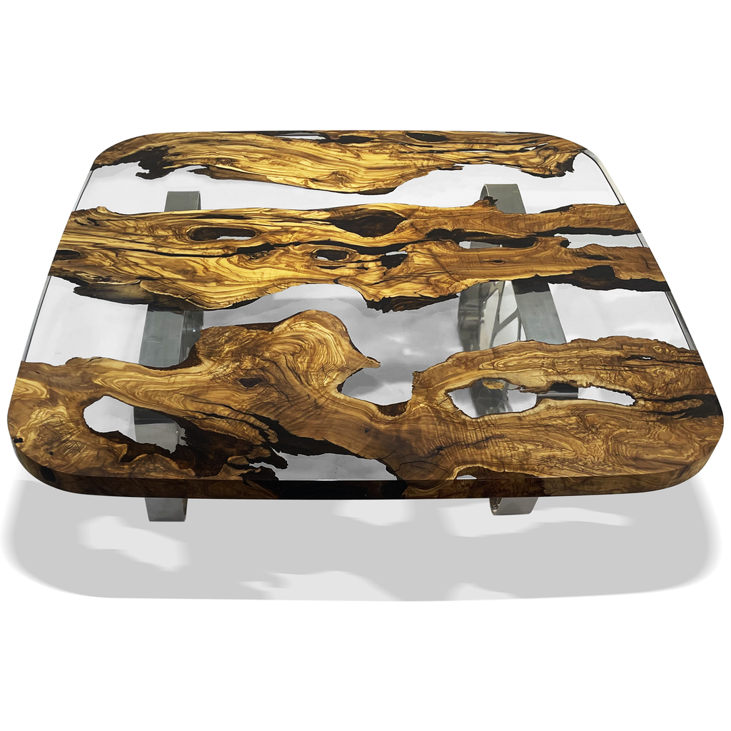 Ombrone Olive Wood Squoval Square Coffee Table with resin top and metal legs