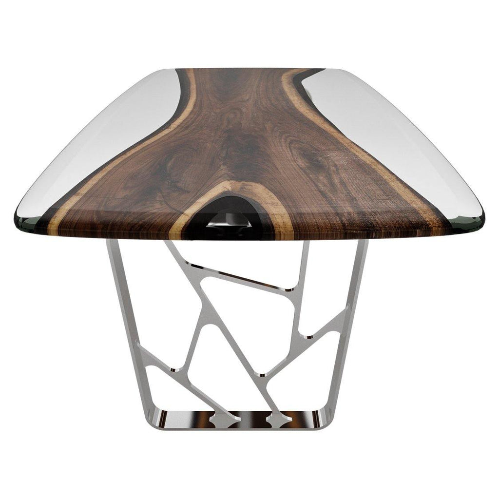 Ombrone Walnut Dining Table with dark wood top and geometric silver metal base