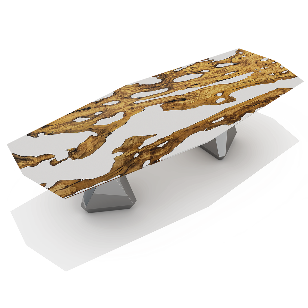 Omphale Olive Wood Octagonal Dining Table with white resin and natural wood slab top