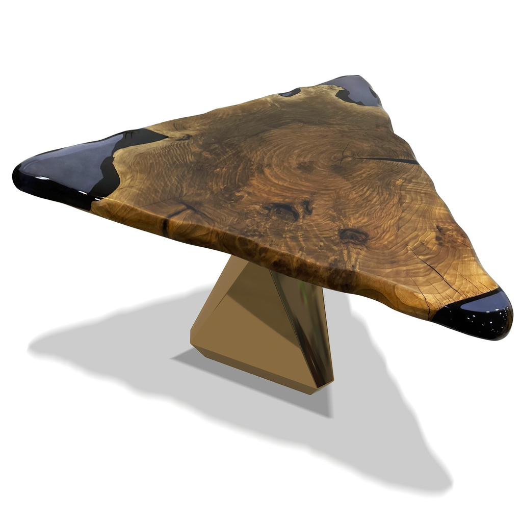 Omphale Walnut Wood Triangular Coffee Table with live-edge wood and resin design