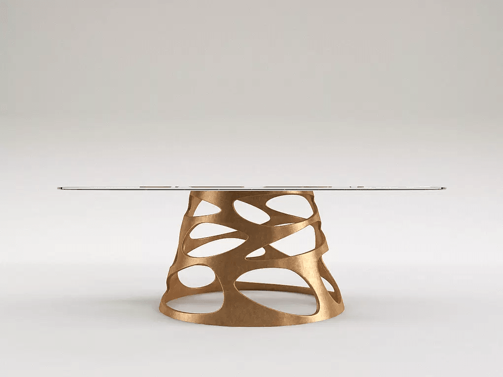 Modern open dining table with glass top and sculptural bronze base for stylish open dining