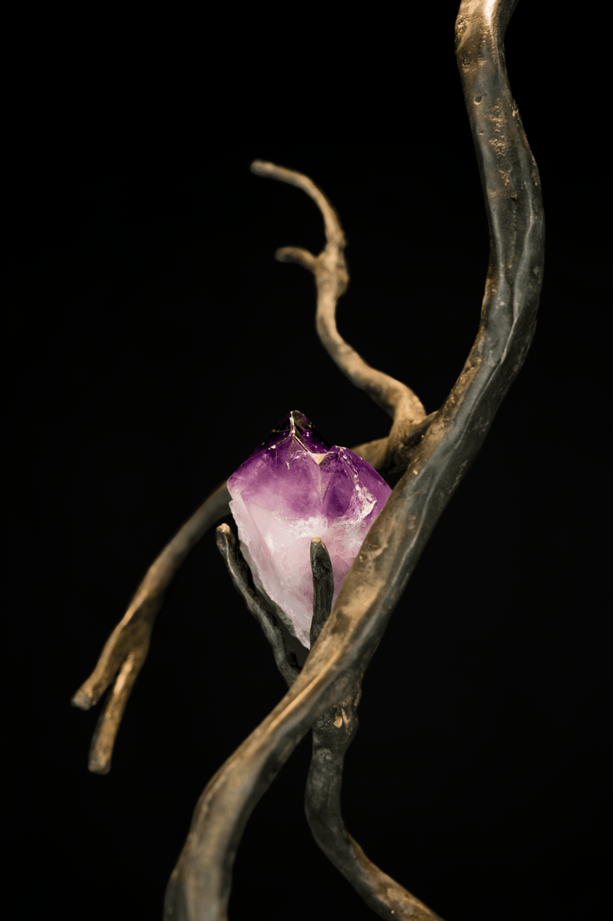 Natural raw amethyst crystal specimen in bronze branch-like sculpture for Orpheus Amethyst Hanging Lamp