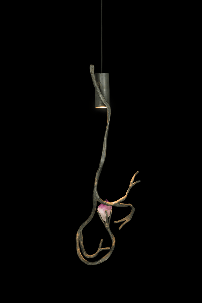 Orpheus Amethyst Hanging Lamp with bronze root-like structure and pink crystal accent
