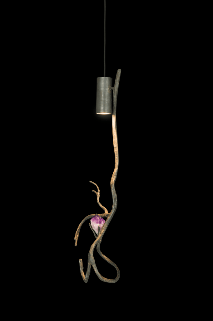 Orpheus Amethyst Hanging Lamp with cylindrical metal fixture and natural gnarled branch