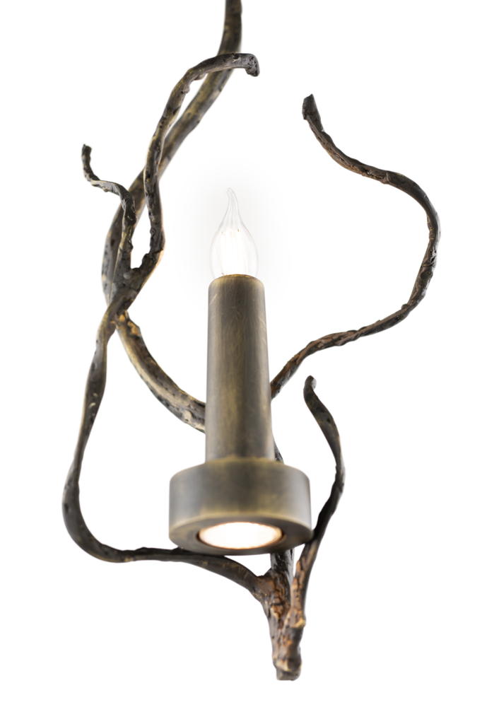 Orpheus Downlight bronze-toned fixture with candelabra bulb and organic branch frame