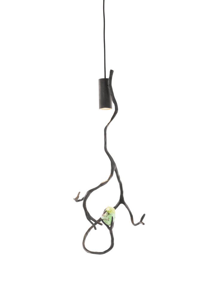 Orpheus Green Calcite hanging lamp with black branch-like design and semi precious stones