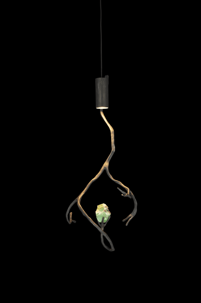 Orpheus Green Calcite hanging lamp with natural branch design and luminous green crystal