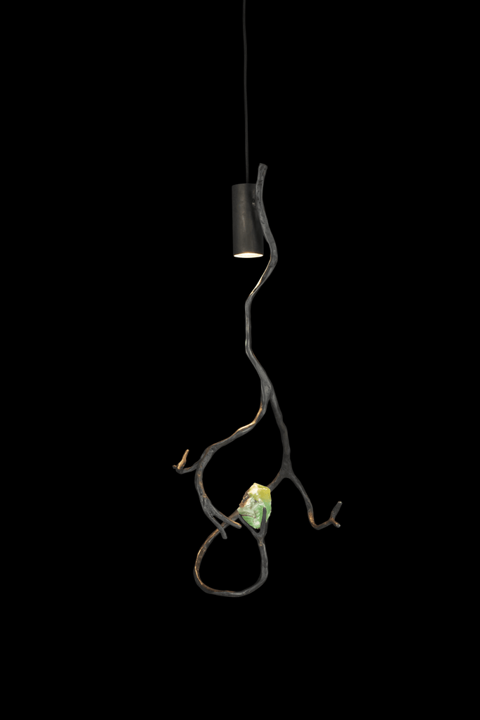 Orpheus Green Calcite Hanging Lamp with dark organic branch design and glowing green crystal