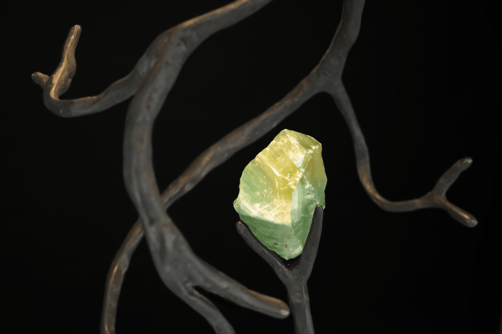 Unpolished green calcite hanging lamp featuring rough Orpheus Green Calcite semi precious stone
