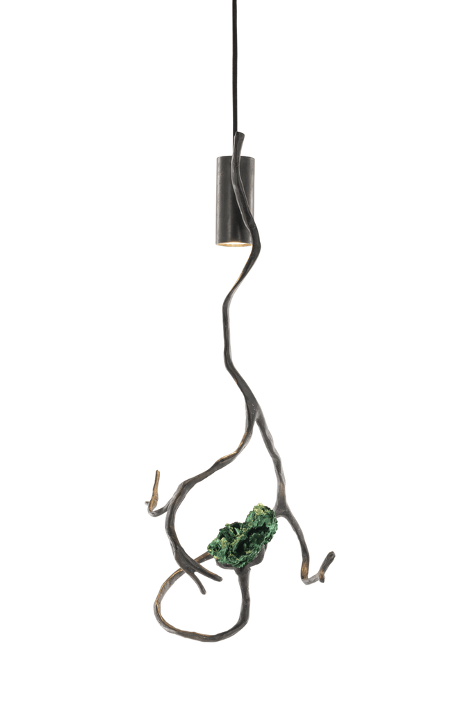 Orpheus Malachite Hanging Lamp with dark branch-like frame and green textured semi precious stone
