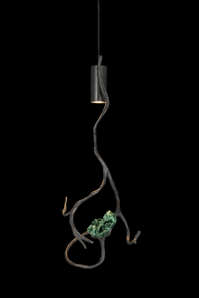 Orpheus Malachite Hanging Lamp with organic branch-like metal and green semi precious stone