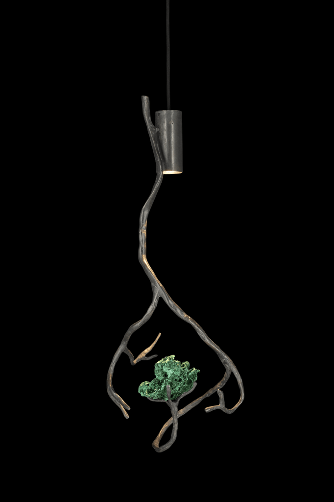 Orpheus Malachite Hanging Lamp with dark textured metal branch and green malachite stone