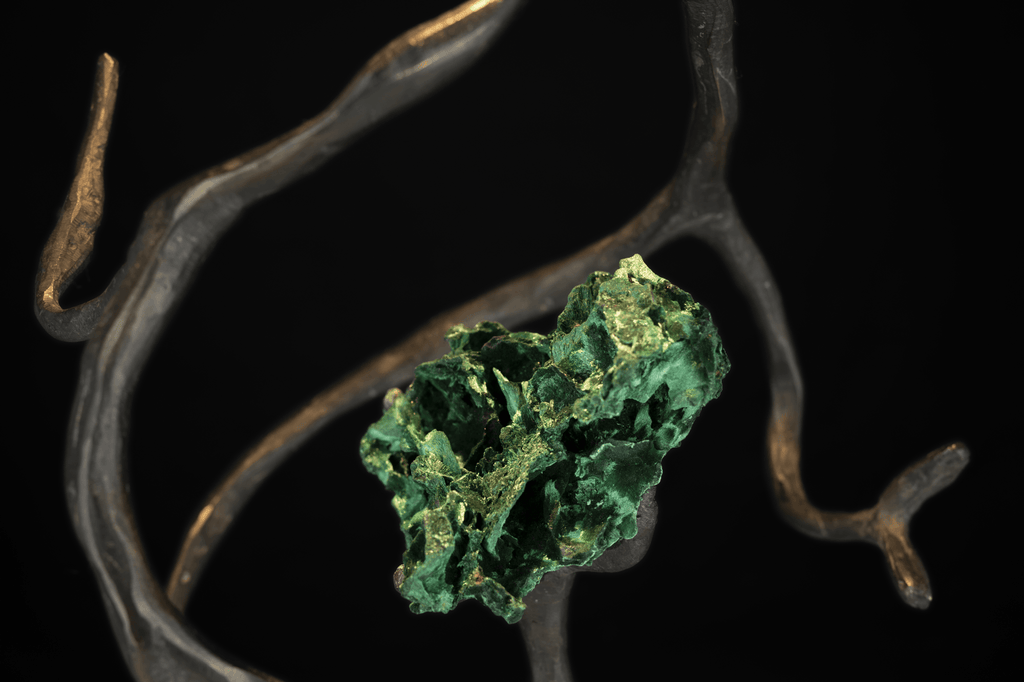 Orpheus Malachite Hanging Lamp featuring vivid green malachite semi precious stones and metallic branches