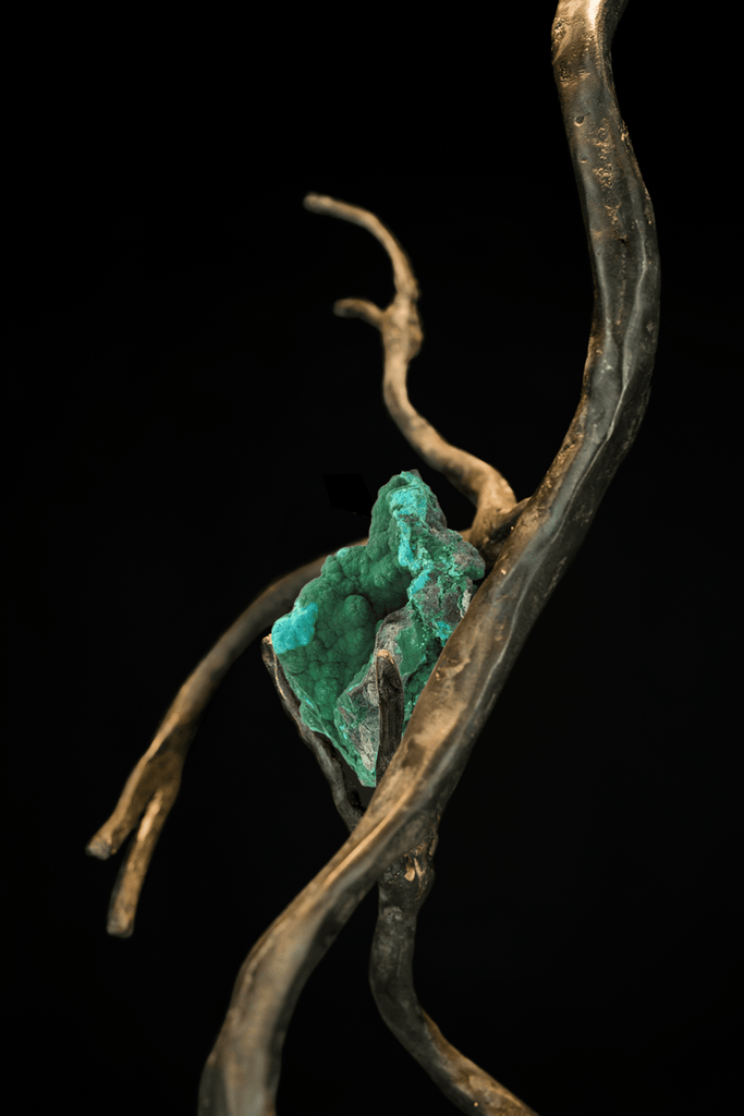 Semi precious stones Orpheus Malachite Hanging lamp with intricate metal branch sculpture