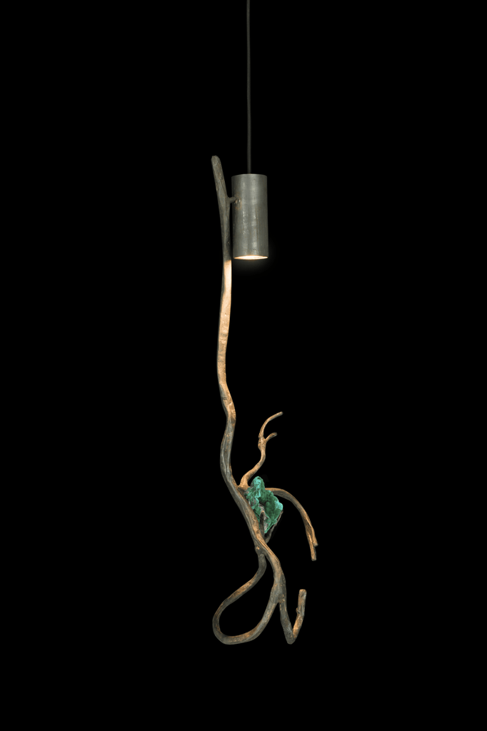 Orpheus Malachite Hanging Lamp with textured copper shade, organic root base, and green semi precious stone
