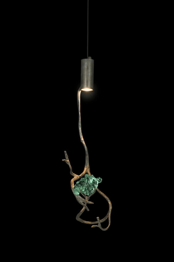 Orpheus Malachite Hanging Lamp with metallic structure and rough green semi precious stone