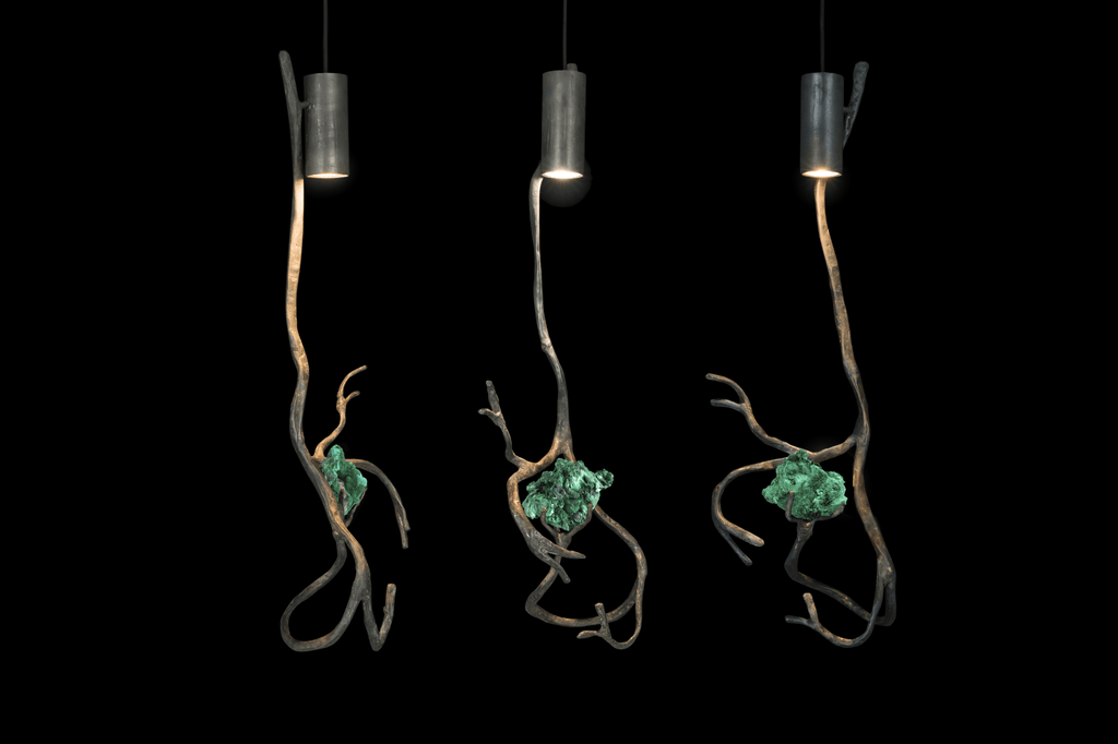 Orpheus Malachite Hanging Lamp with organic branch-like metal forms and semi precious malachite stones