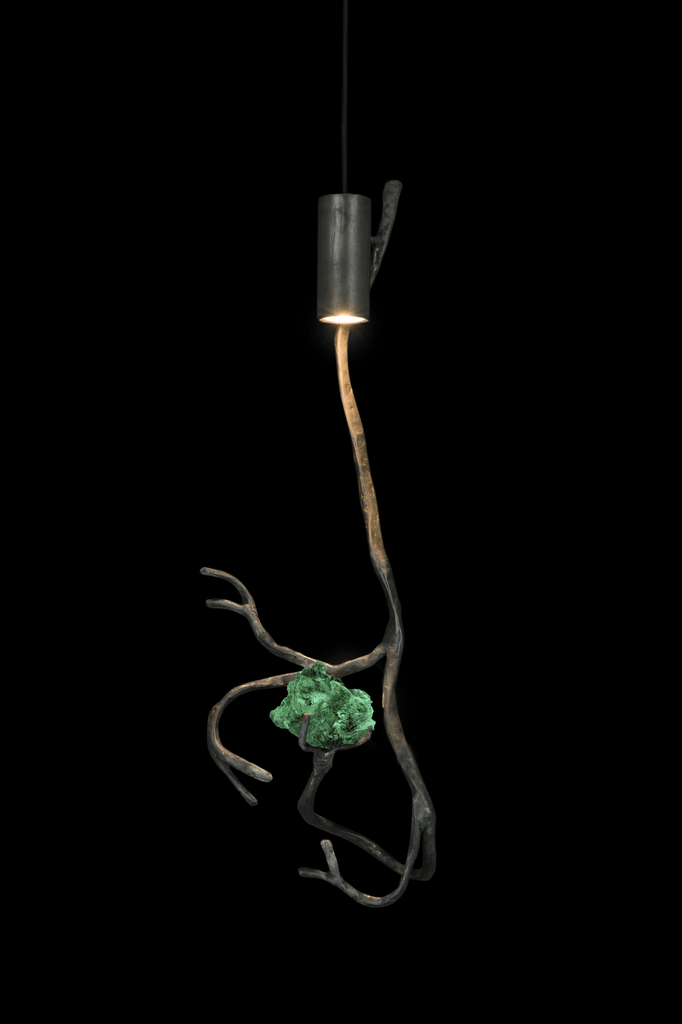 Orpheus Malachite Hanging Lamp with a slender fixture and green mineral accent