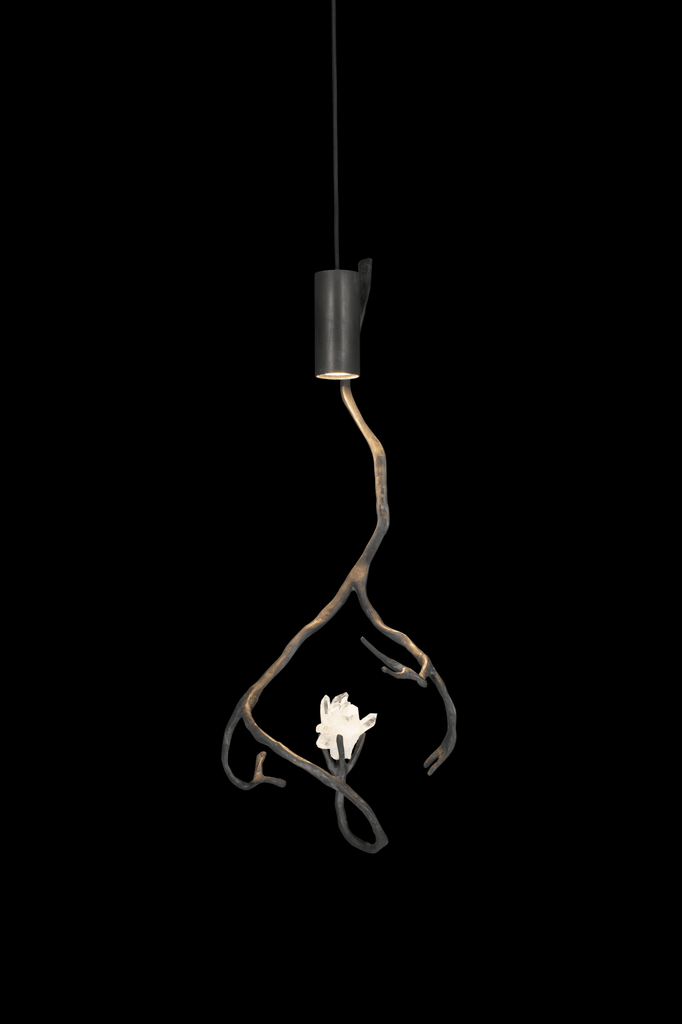 Orpheus Mountain Crystal Hanging Lamp with gnarled branch design and luminous light source