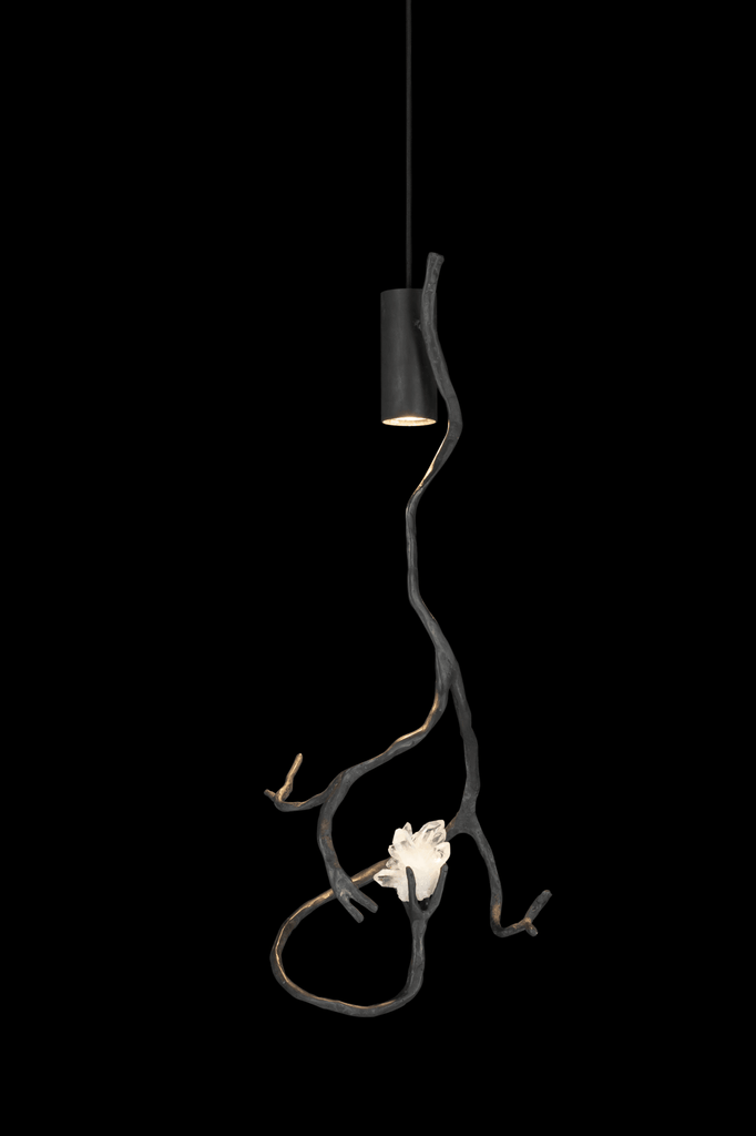 Orpheus Mountain Crystal Hanging Lamp with dark branch-like structure and luminous semi precious stones