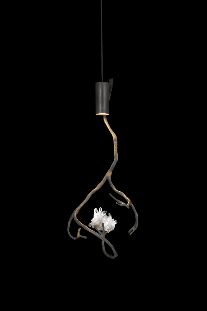 Orpheus Mountain Crystal Hanging Lamp with mountain crystal and gnarled wooden stem