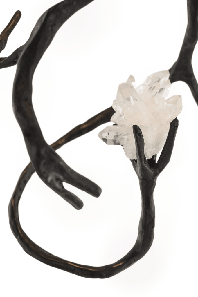 Dark bronze sculpture with stylized hands holding mountain crystal for Orpheus Mountain Crystal Hanging Lamp