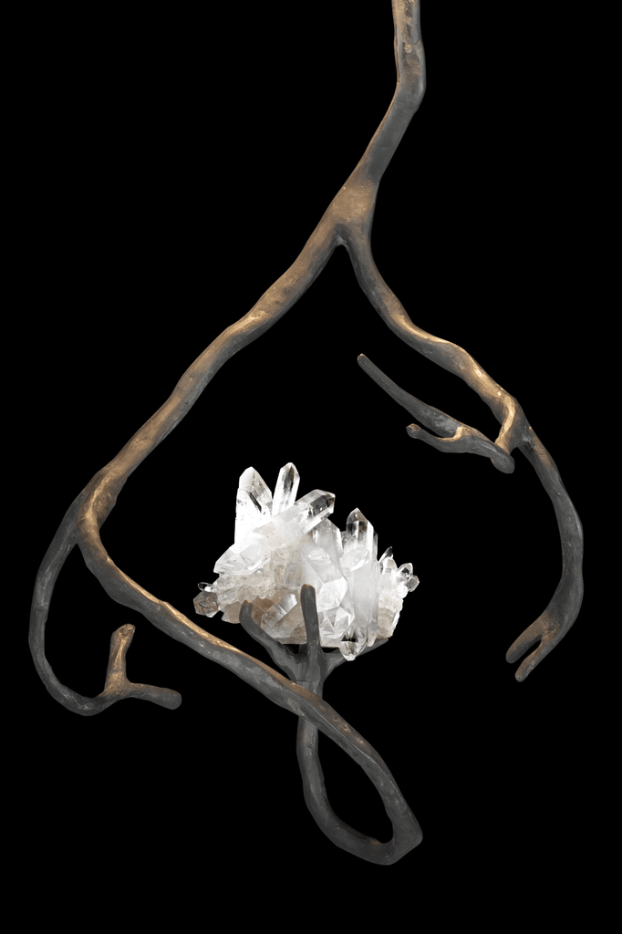 Handcrafted metal sculpture with mountain crystal and semi precious stones for Orpheus Mountain Crystal Hanging Lamp