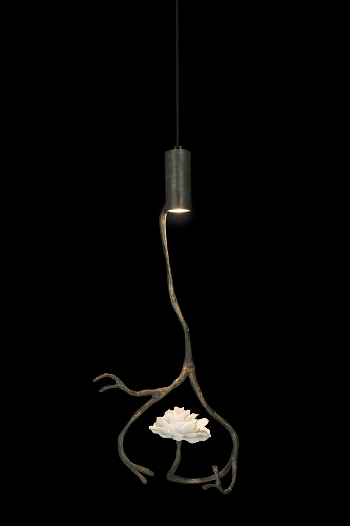 Orpheus Nymphenburg Porcelain Hanging Lamp with dark metal top and organic porcelain base