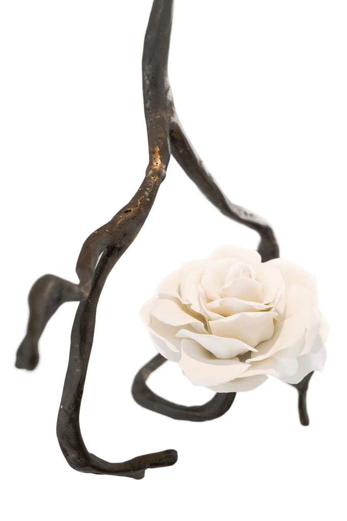 Dark twisted metal sculpture with white fabric rose on Orpheus Nymphenburg Porcelain Hanging Lamp