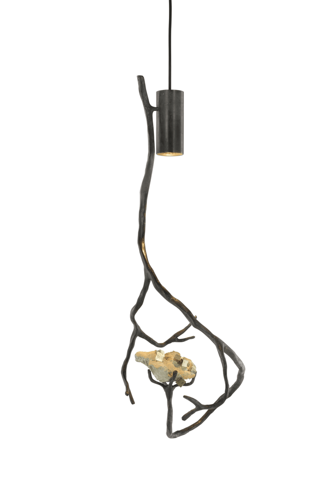 Orpheus Pyrite Hanging Lamp with natural branch design and textured semi precious stones