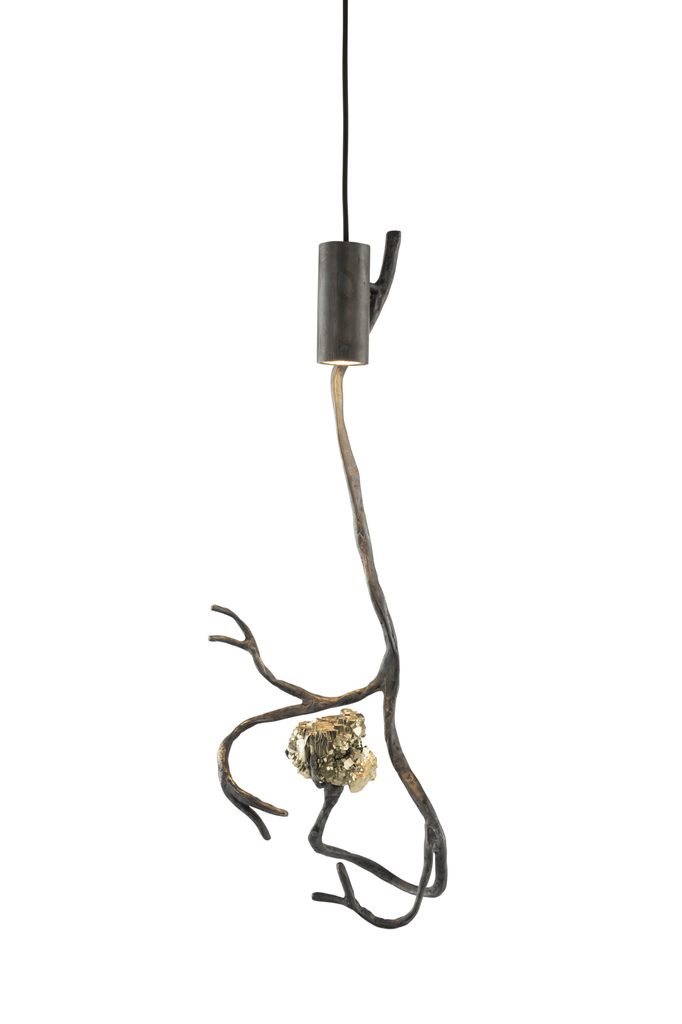 Orpheus Pyrite Hanging Lamp with dark branch-like structure and gold-colored semi precious stones