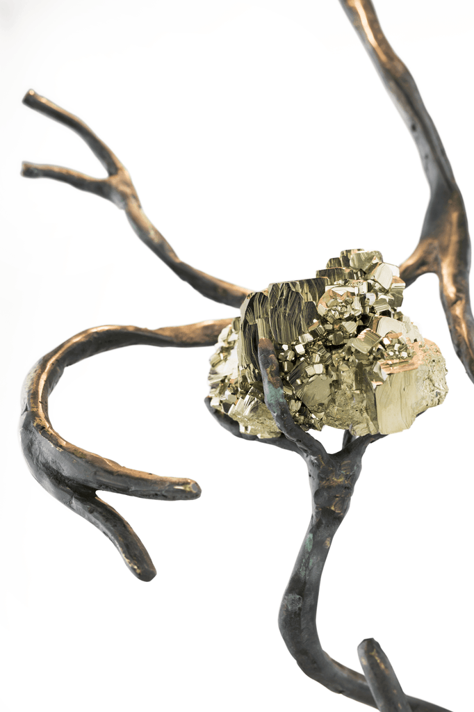 Bronze branch sculpture with pyrite crystals for Orpheus Pyrite Hanging Lamp featuring semi precious stones