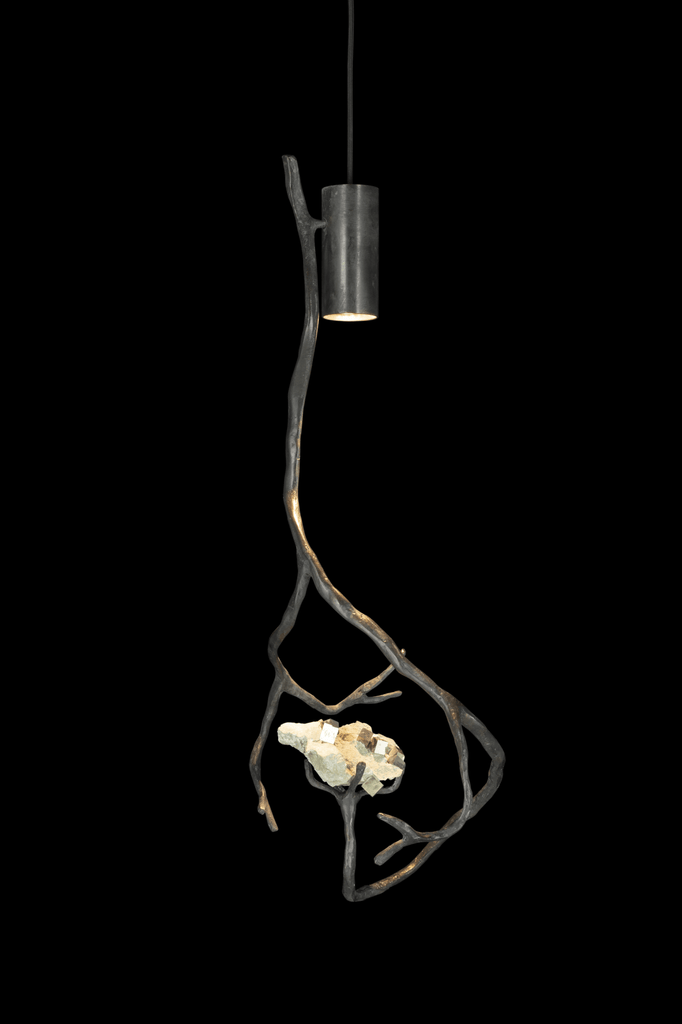 Orpheus Pyrite Hanging Lamp with dark branch-like frame and crystalline semi precious stones
