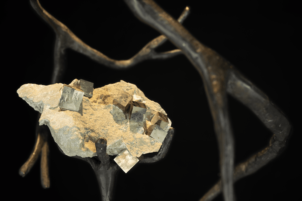 Rough pyrite crystal specimen on rock matrix for Orpheus Pyrite Hanging Lamp, a semi precious stone pyrite hanging lamp