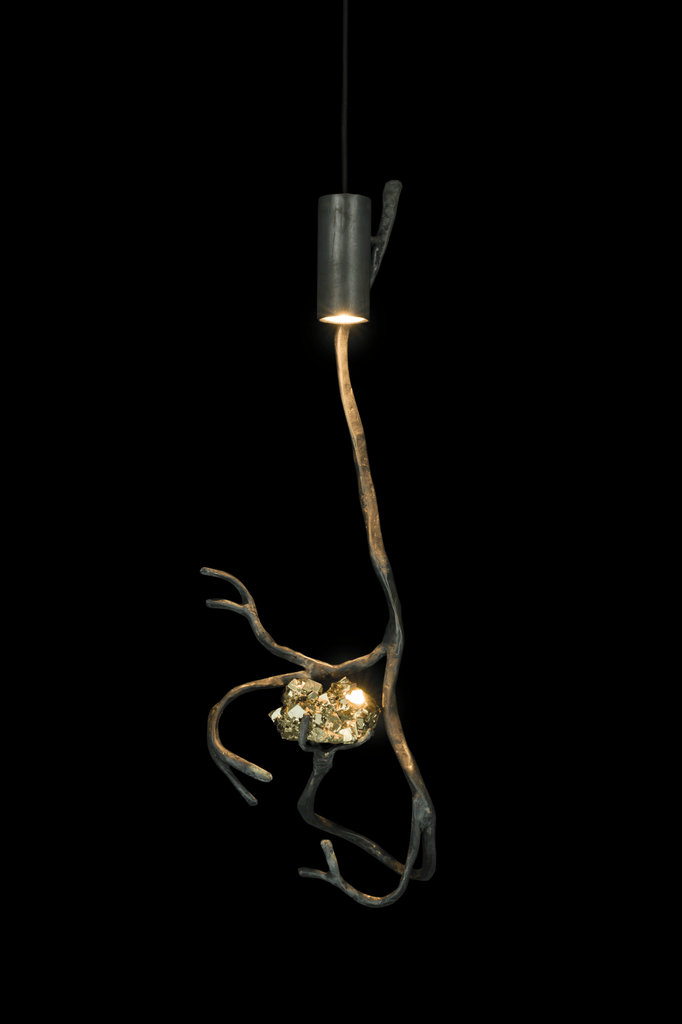 Orpheus Pyrite Hanging Lamp with metallic cylinder and glowing organic-shaped semi precious stones