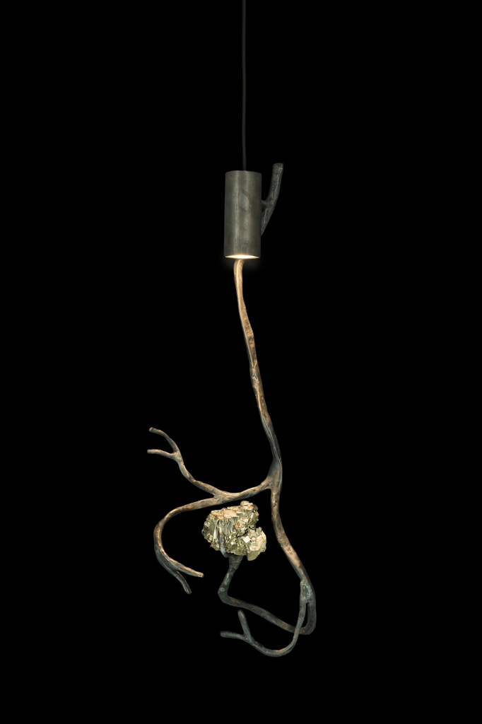 Orpheus Pyrite Hanging Lamp with metallic cylinder, branch design, and shimmering semi precious stones