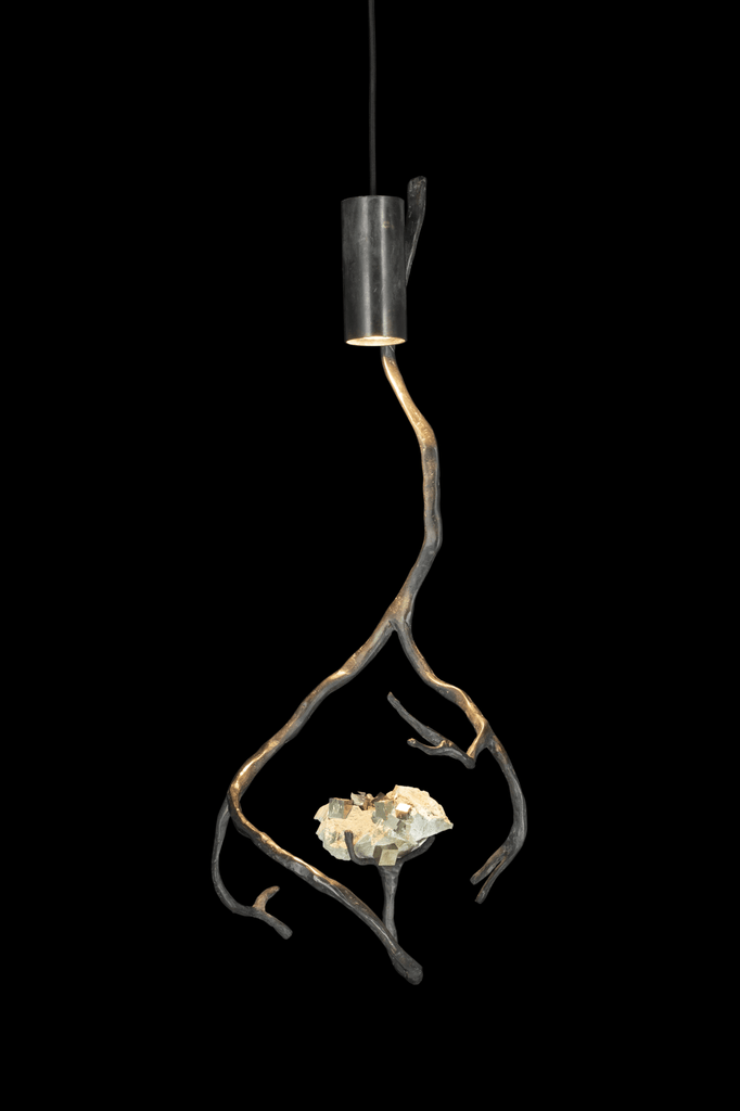 Orpheus Pyrite Hanging Lamp with natural branch-like structure and luminous crystal featuring semi precious stones