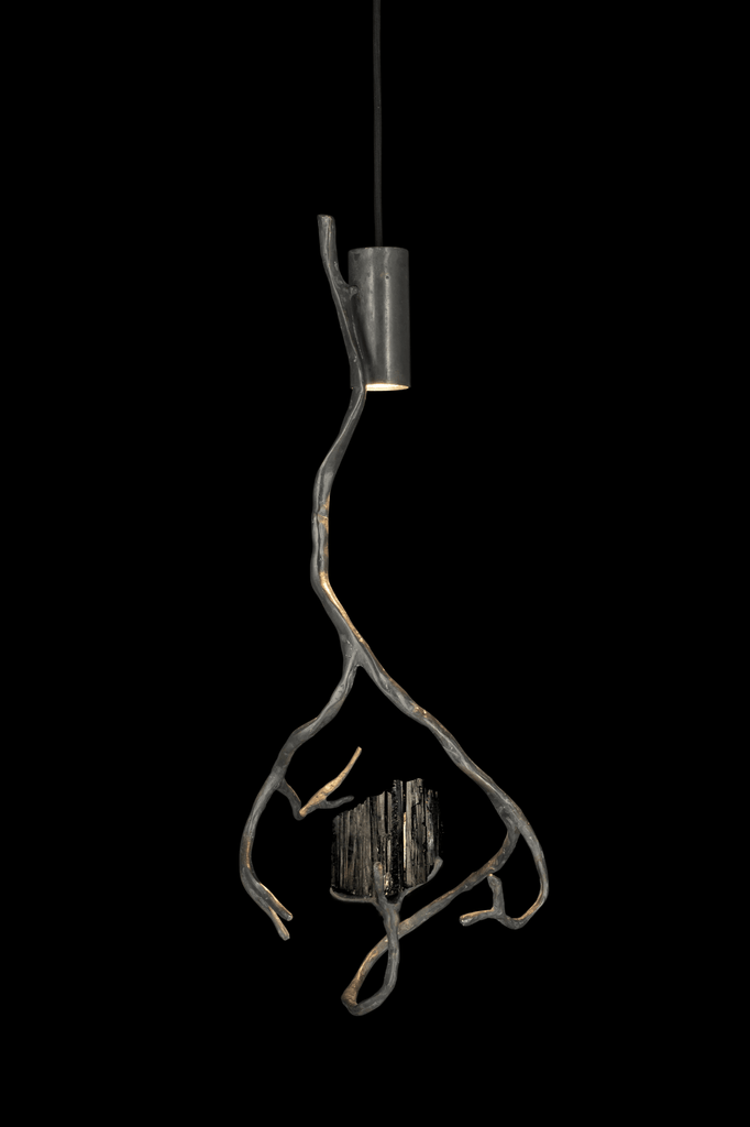 Orpheus Tourmaline Hanging Lamp with textured metal tree branch design and wood accents
