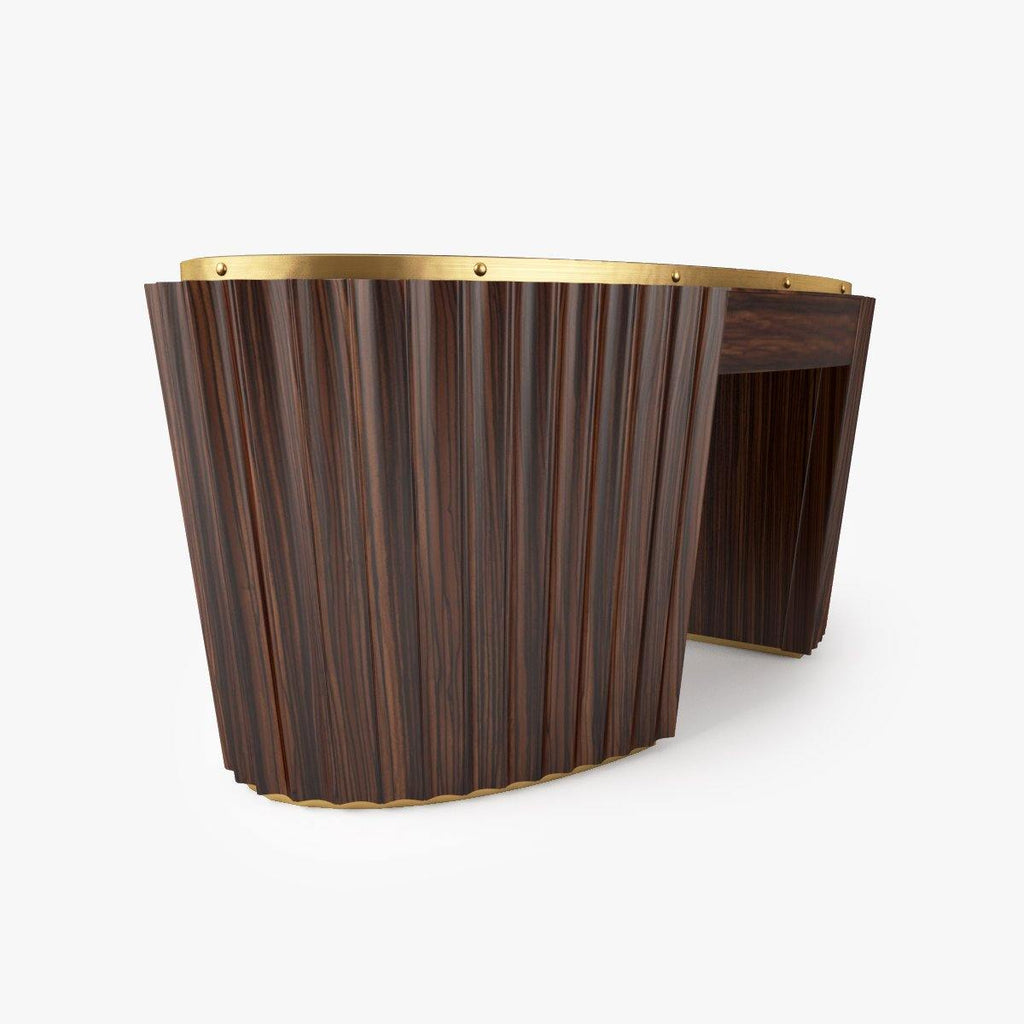 Dark wood oval cocktail table with fluted design and brass accents for stylish living rooms
