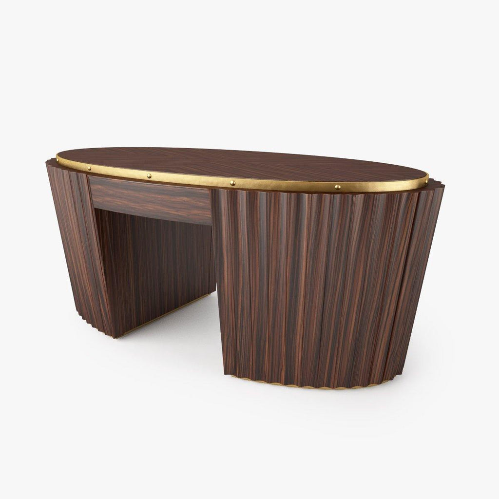 Dark wood Oval Cocktail Table with brass trim and fluted sides for elegant decor