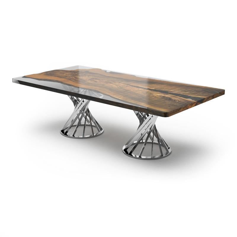 panaro walnut wood dining table, walnut wood dining table, resin dining table, modern dining table, dining table for large groups, dining table with natural wood top, dining table with transparent resin finish