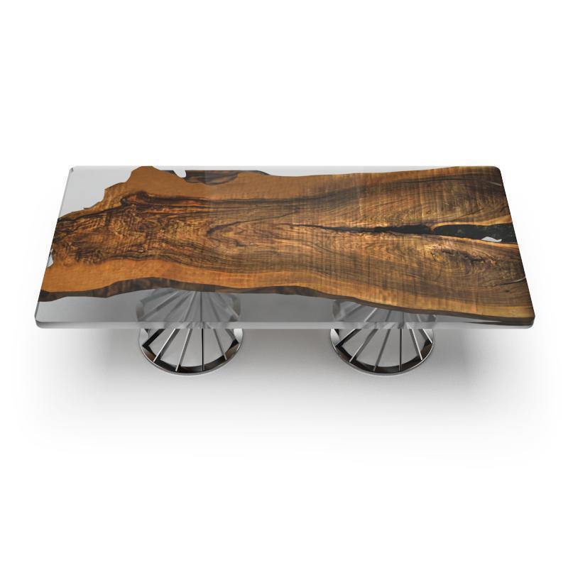 Panaro Walnut Wood Dining Table with live-edge wood slab and clear resin top