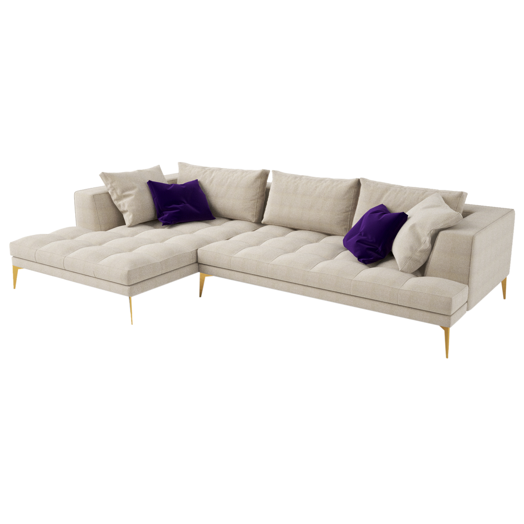 Beige sectional sofa with tufted cushions and purple accent pillows, Parma Sofa style