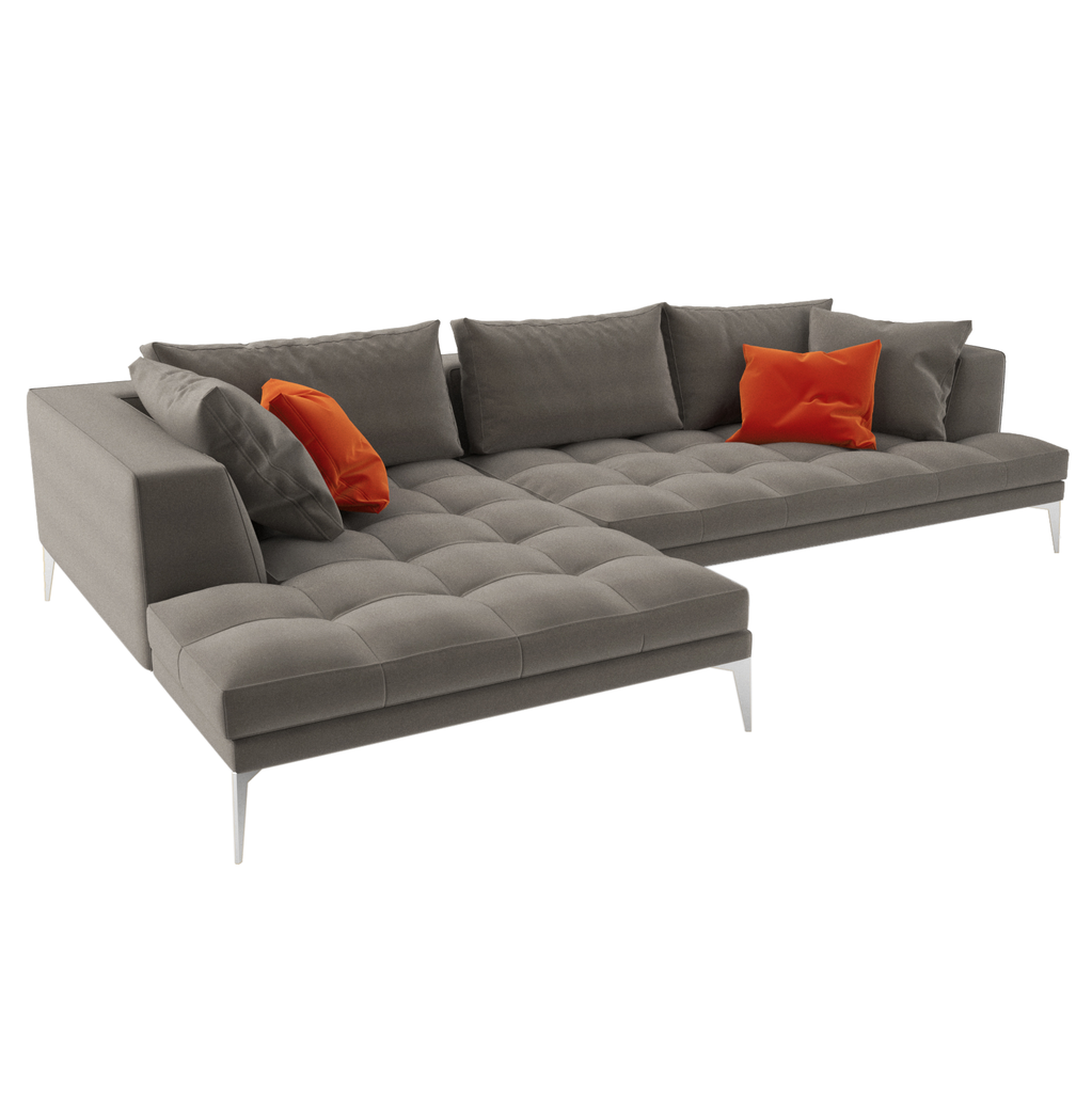 Modern Parma Sofa L-shaped sectional with dark gray fabric, button-tufted cushions, chrome legs, orange throw pillows