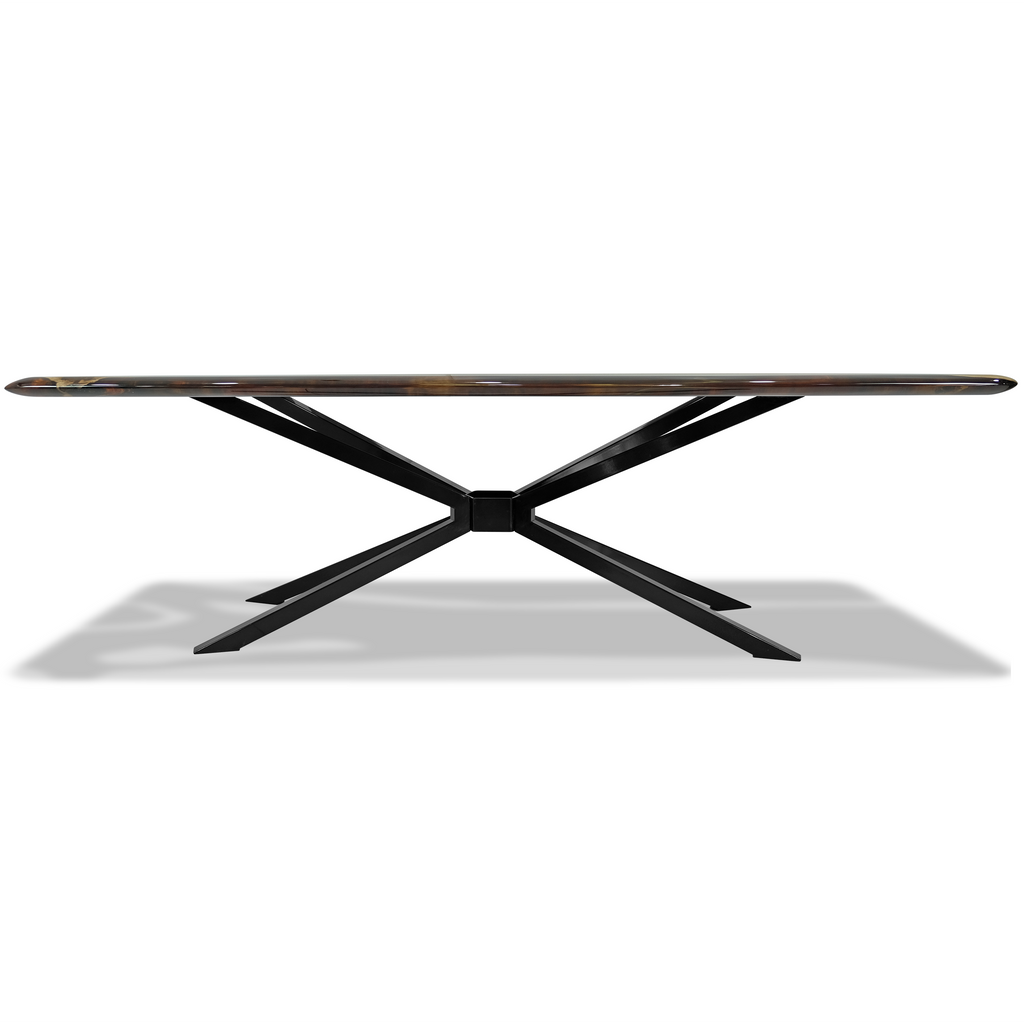 Alcantara Walnut Wood Dining Table with oval shape and black star-shaped metal base