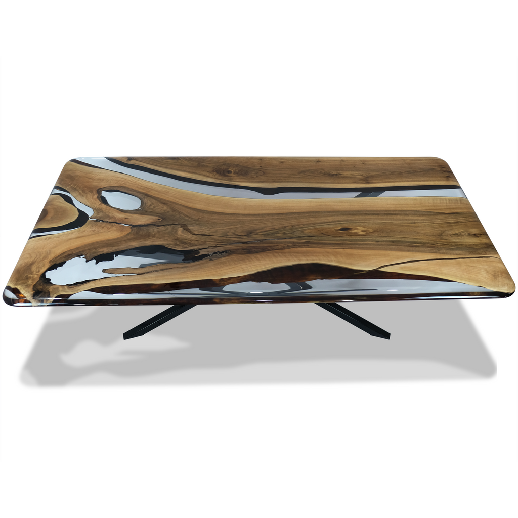 Alcantara Walnut Wood Dining Table with live-edge walnut top and black metal legs