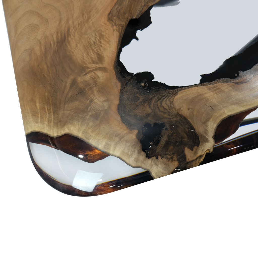 Live edge walnut wood corner with clear resin on Alcantara Walnut Wood Dining Table