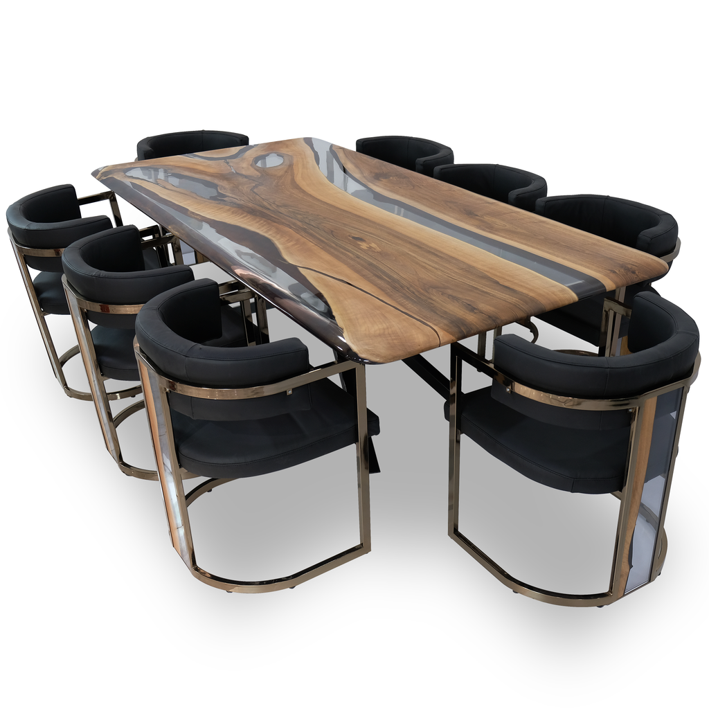 Alcantara Walnut Wood Dining Table with live-edge walnut top and black upholstered chairs