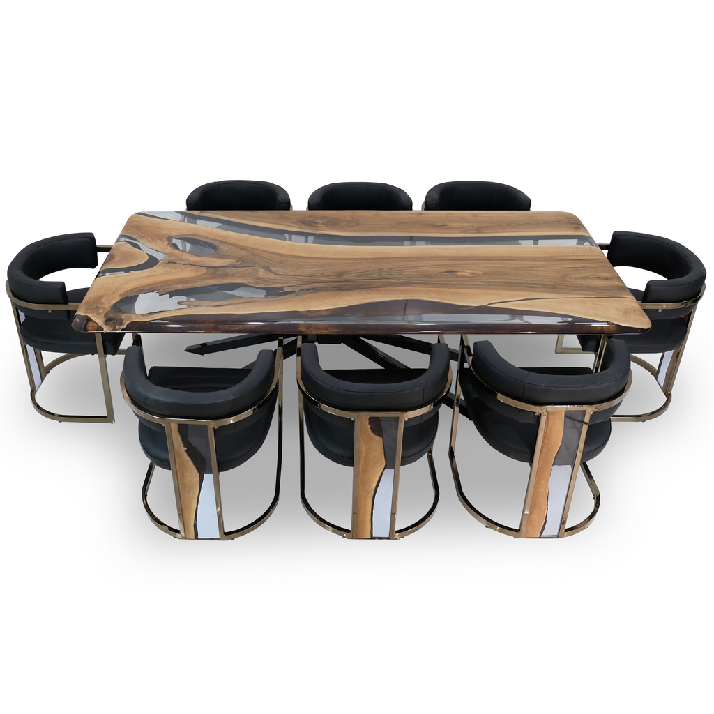 Modern Alcantara Walnut Wood Dining Table with resin river and black upholstered chairs